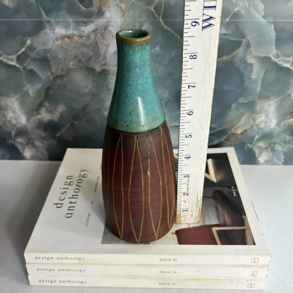 Studio Art Vase Pottery Stoneware Blue Brown Geometric Carved Sullivan Vermont